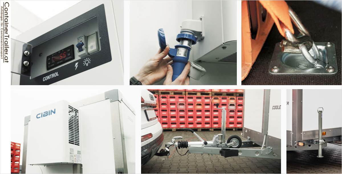 Detailansicht der Ausstattung eines Kühlanhängers: Kühleinheit, Steuerpanel, Elektroanschluss und Gurthalterungen zur Ladungssicherung.